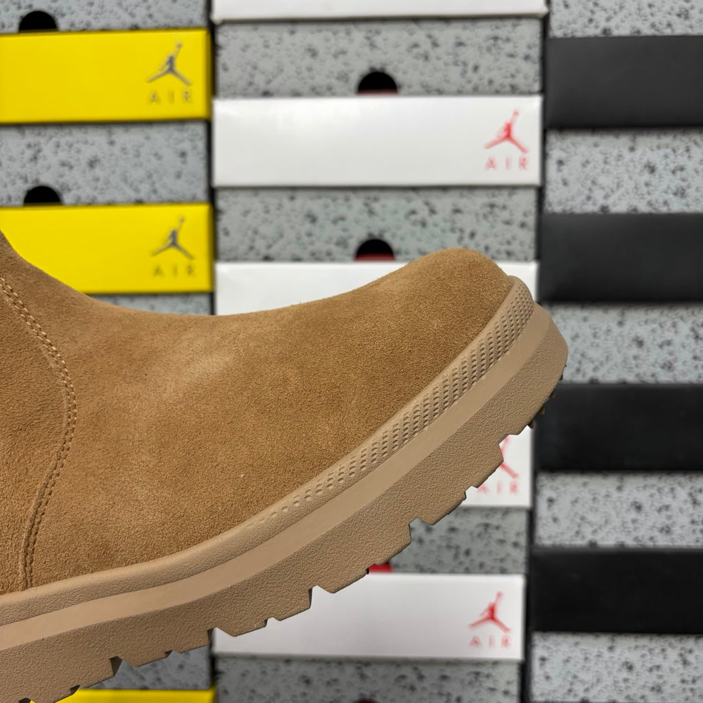 UGG Burleigh Chelsea Boot – Chestnut Suede Slip-On with Elastic Gussets, UGGplush Two-Tone Gum Outsole & Red UGG Heel Medallion