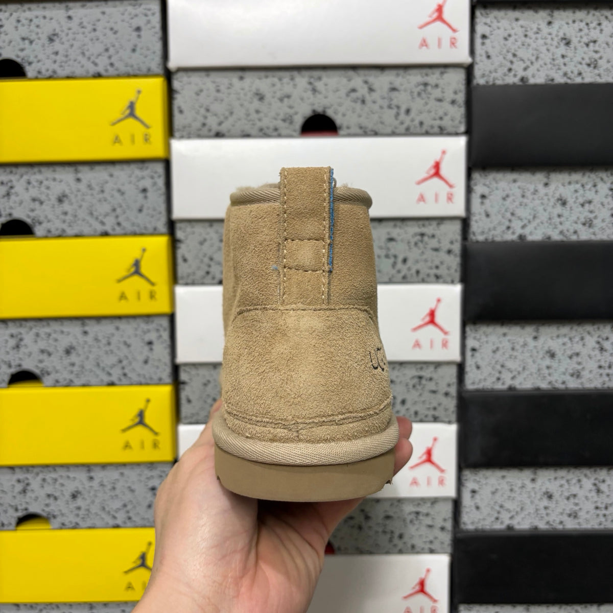 UGG Neumel Boot – Sand/Beige Suede Lace-Up Chukka with Blue Heel Pull Tab, Debossed UGG Logo & Gum Sole