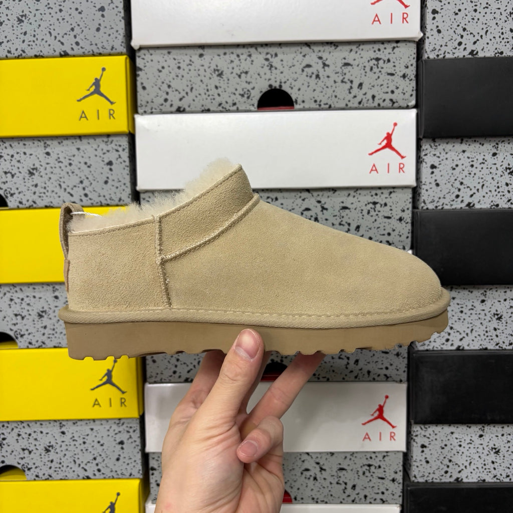 UGG Ultra Mini Boot – Sand Suede Low Ankle Boot with Cream Sheepskin Lining & Tonal Gum Sole