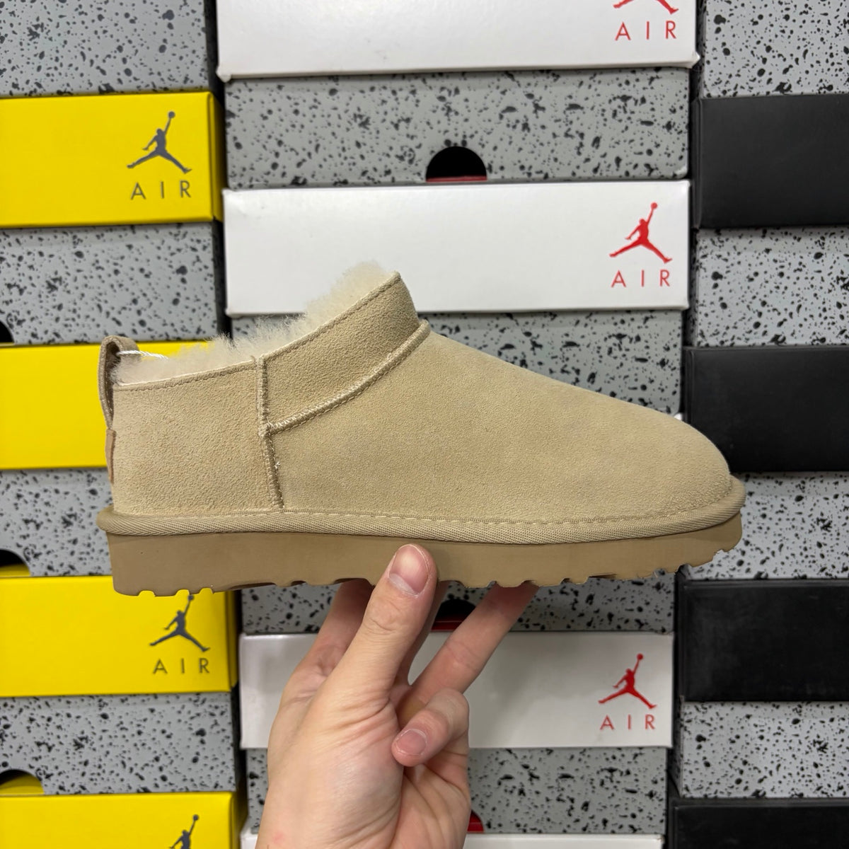 UGG Ultra Mini Boot – Sand Suede Low Ankle Boot with Cream Sheepskin Lining & Tonal Gum Sole