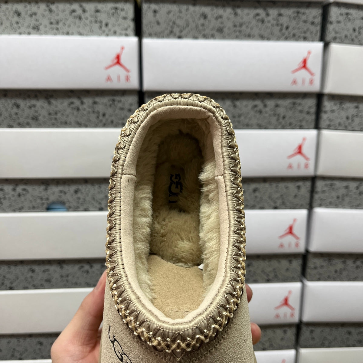 UGG Tazz Slipper – Sand Suede Open-Back Platform Mule with Gold Braid Trim & Cream Lug Sole
