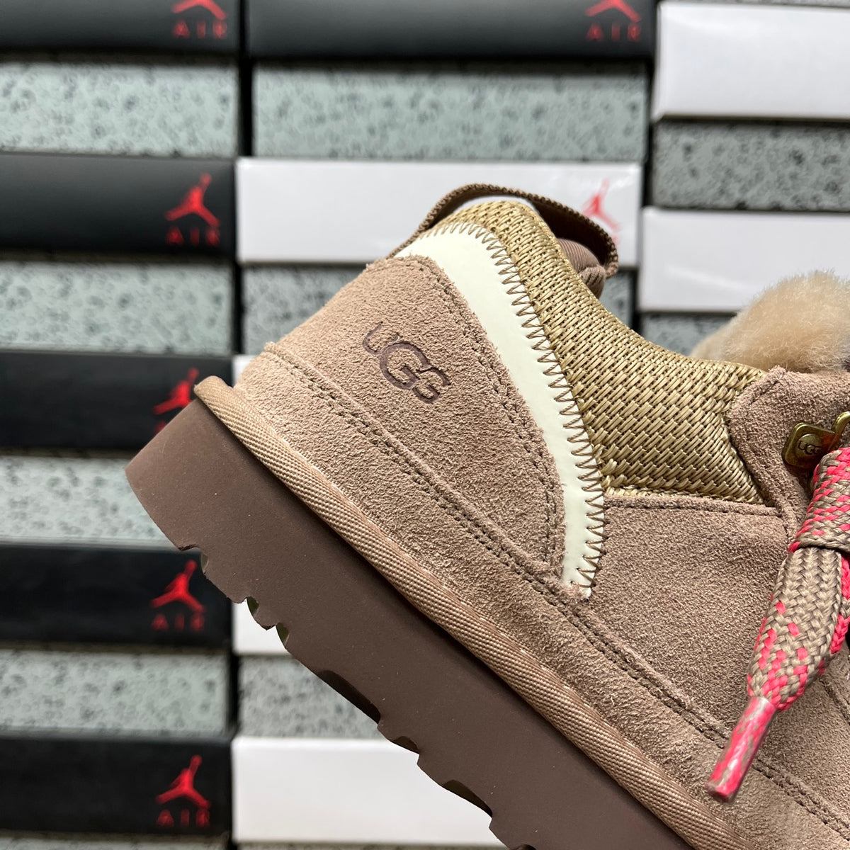 UGG Lowmel Sneaker – Camel Suede & Mesh with Red Braided Laces & Dark Chocolate SugarSole