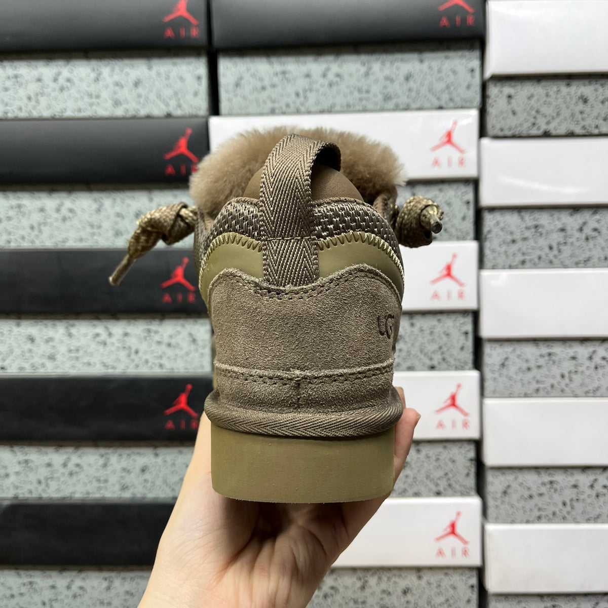 UGG Lowmel Sneaker – Hickory Tonal Suede & Mesh with Sheepskin Collar & Gum SugarSole