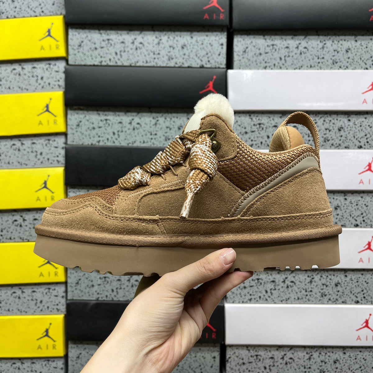 UGG Lowmel Sneaker – Chestnut Suede & Mesh with Sheepskin Collar & Tan SugarSole