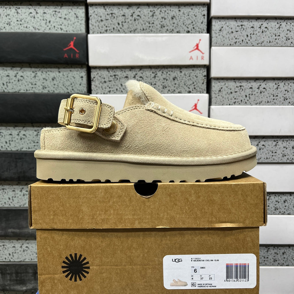 UGG Goldenstar Evelina Clog – Sand Suede Platform Clog with Gold Buckle & Sheepskin Lining