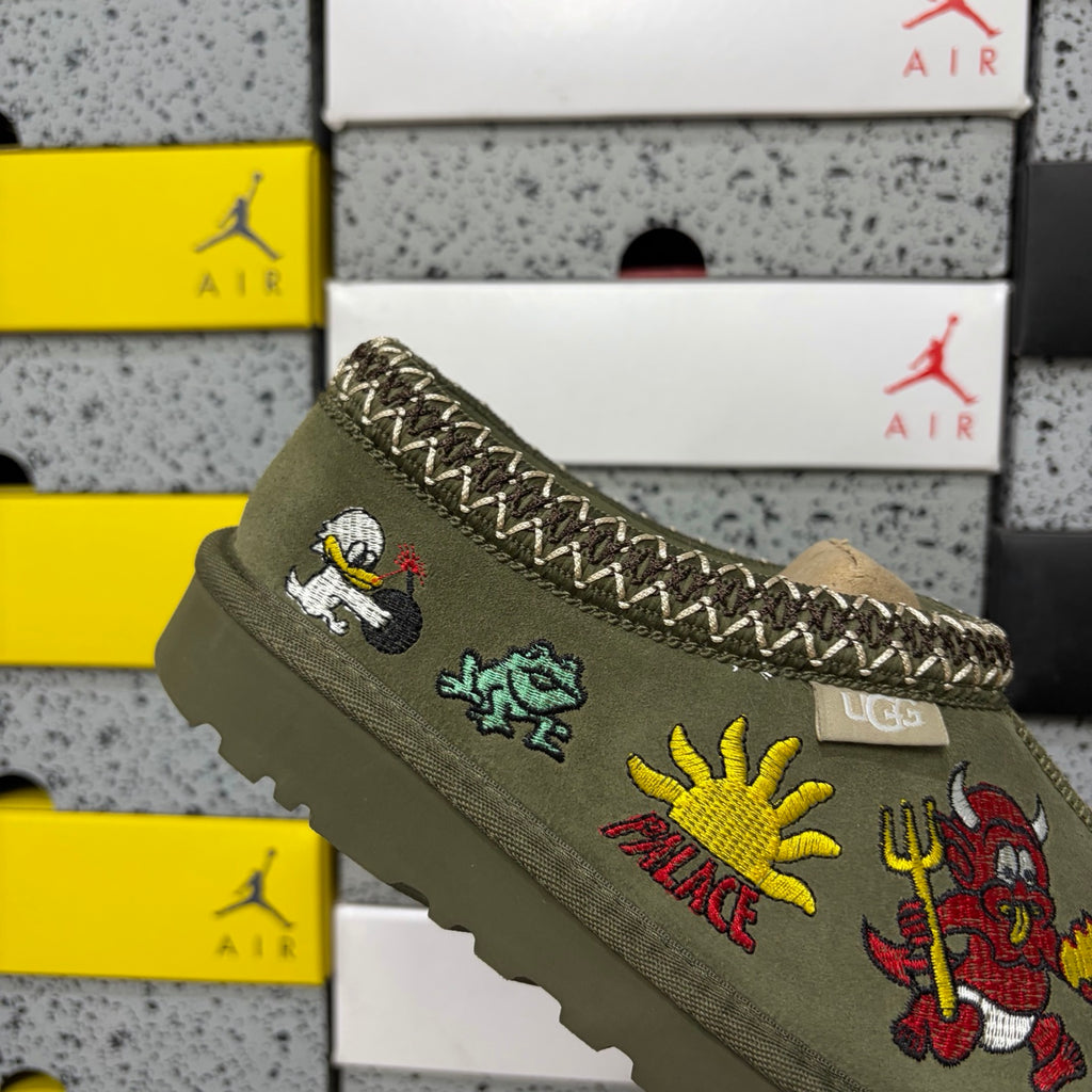 UGG × Palace Skateboards Tasman Slipper – Olive Suede with Embroidered Graphic Patches & Herringbone Braid Trim