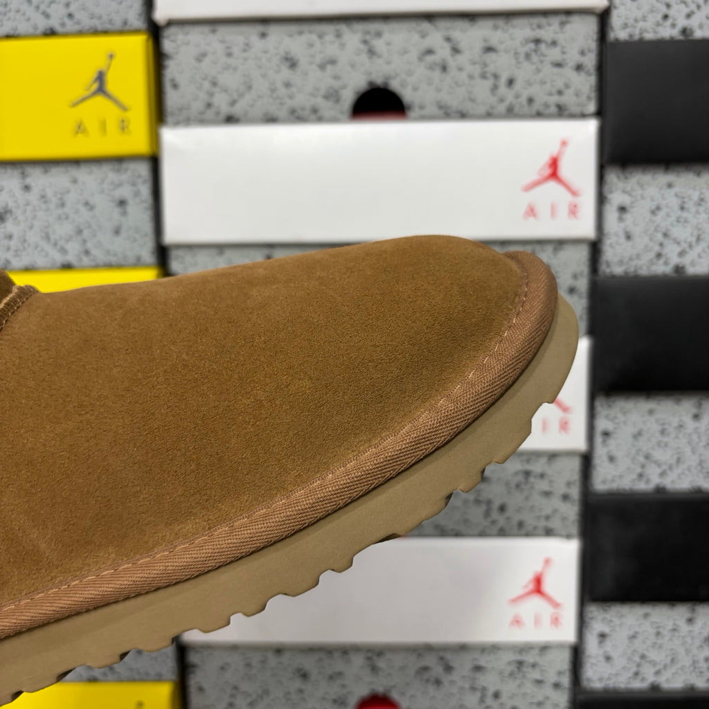 UGG Ultra Mini Boot – Chestnut Suede Low Ankle Boot with Cream Sheepskin Lining & Heel Pull Loop