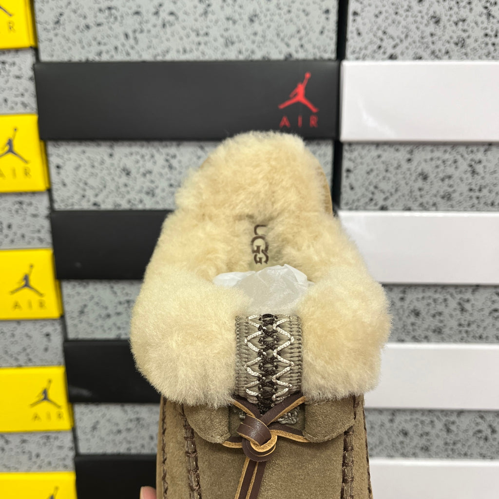 UGG Tazz Platform Slipper – Olive Suede Mule with Oversized Cream Shearling Cuff & Moccasin Stitching