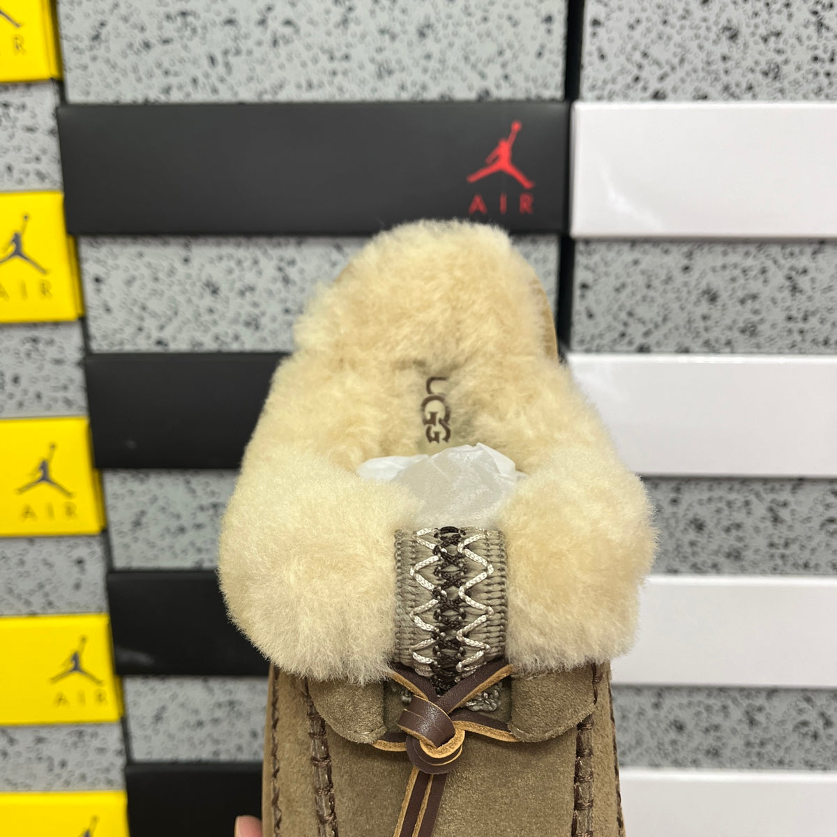 UGG Tazz Platform Slipper – Olive Suede Mule with Oversized Cream Shearling Cuff & Moccasin Stitching