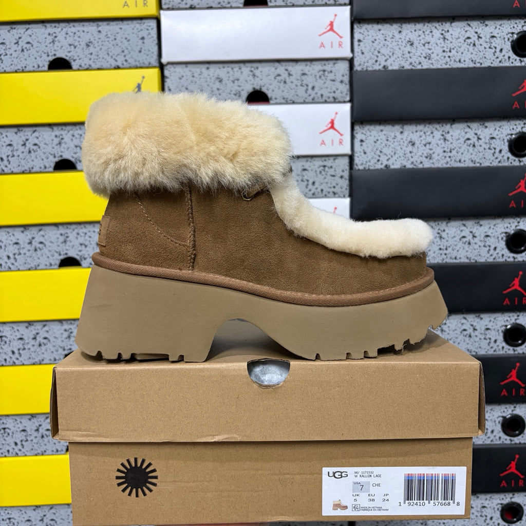 UGG Millen Lace Boot – Chestnut Suede Ankle Boot with Oversized Shearling Cuff & Chunky Platform Sole