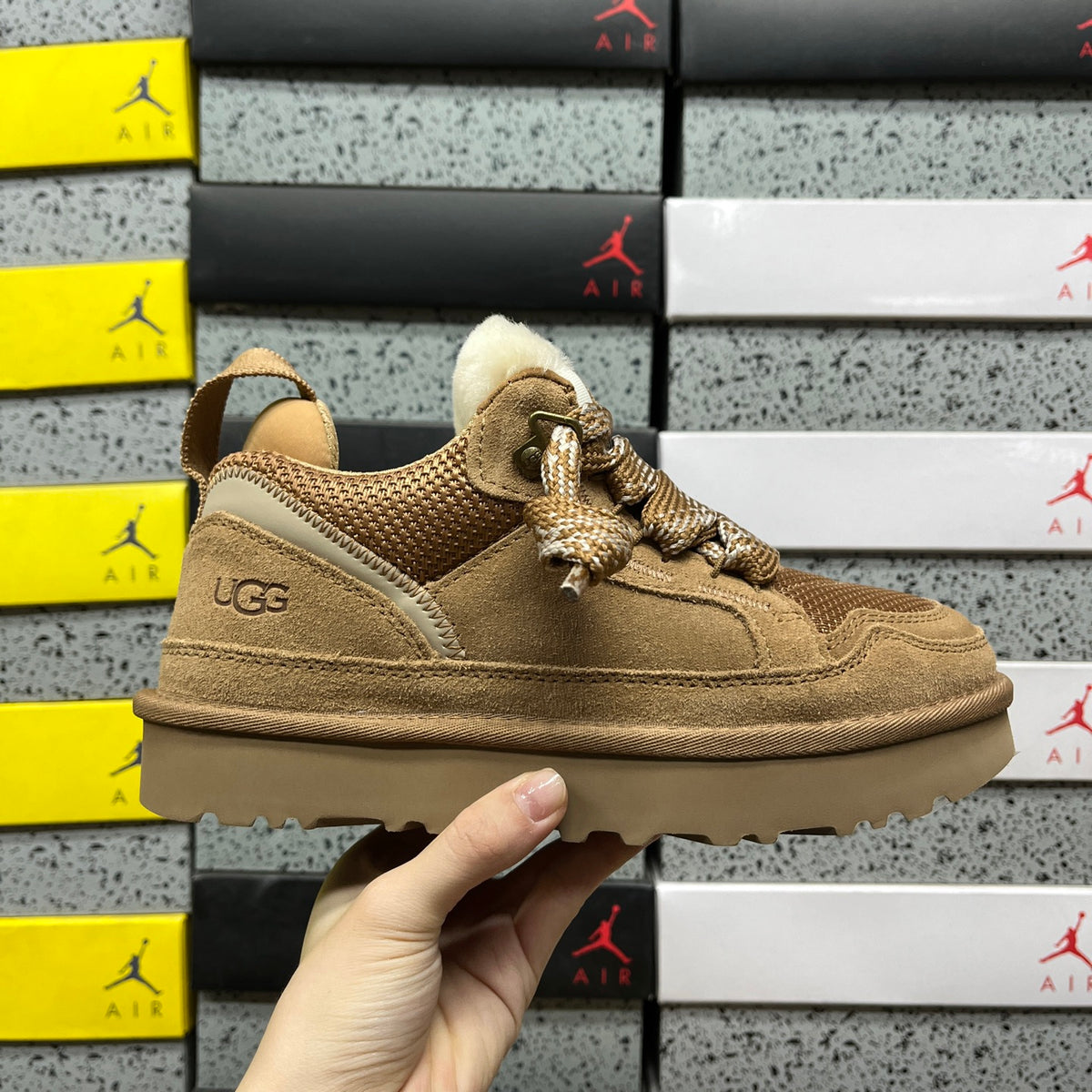 UGG Lowmel Sneaker – Chestnut Suede & Mesh with Sheepskin Collar & Tan SugarSole