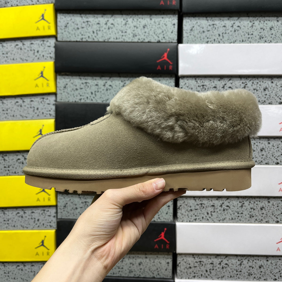 UGG Tazzette Slipper – Sage Suede with Tonal Fluffy Sheepskin Cuff