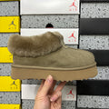 UGG Tazz Slipper – Olive Suede Platform Mule with Tonal Olive Sheepskin Cuff & Gum Lug Sole