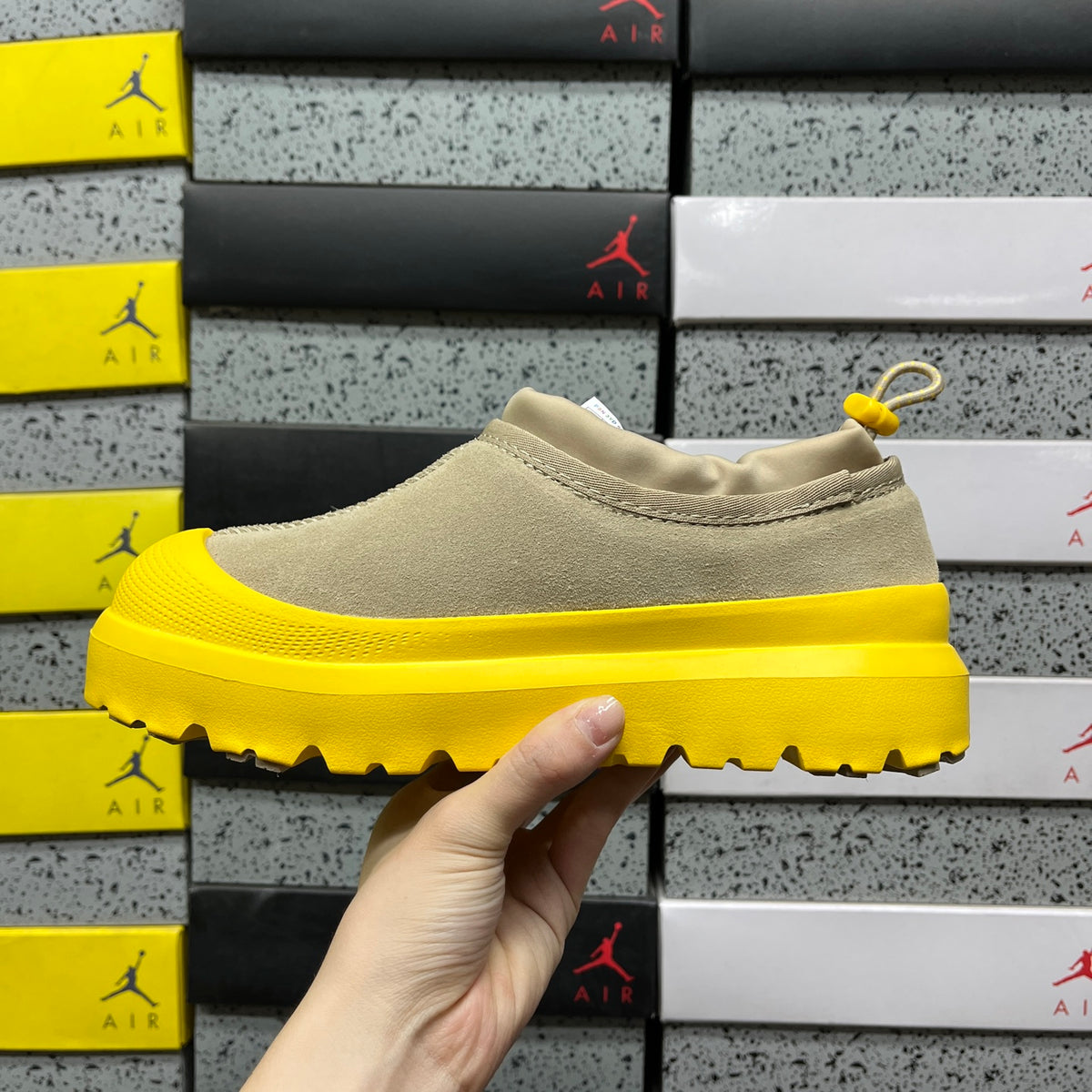 UGG Tasman Weather Hybrid – Sand Suede Slip-On with Yellow SugarSole & Sheepskin Lining