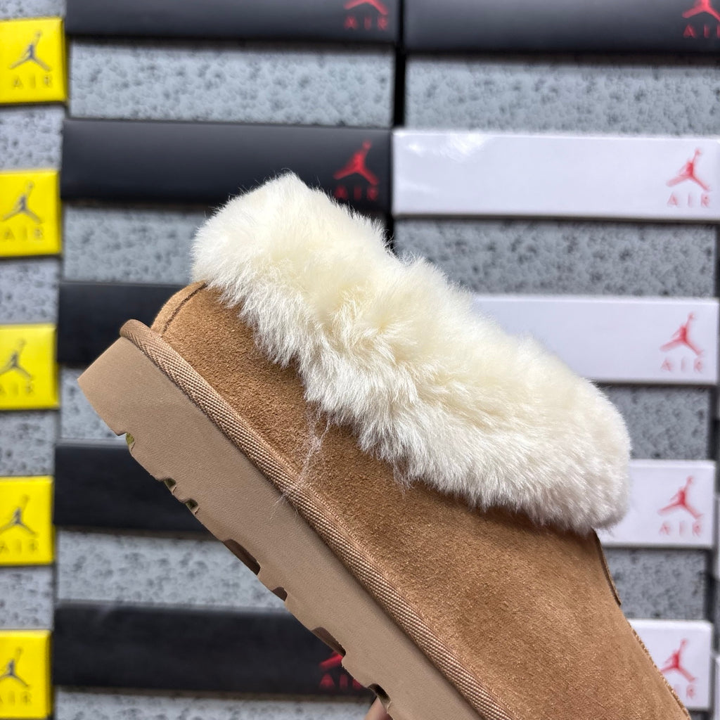 UGG Tazzette Slipper – Chestnut Suede with Fluffy Cream Sheepskin Cuff