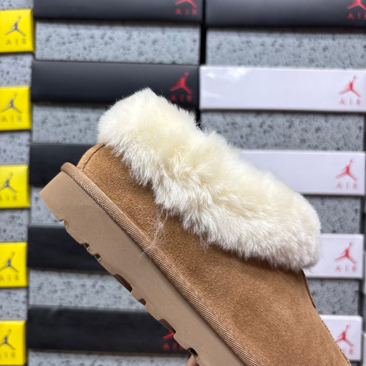 UGG Tazzette Slipper – Chestnut Suede with Fluffy Cream Sheepskin Cuff