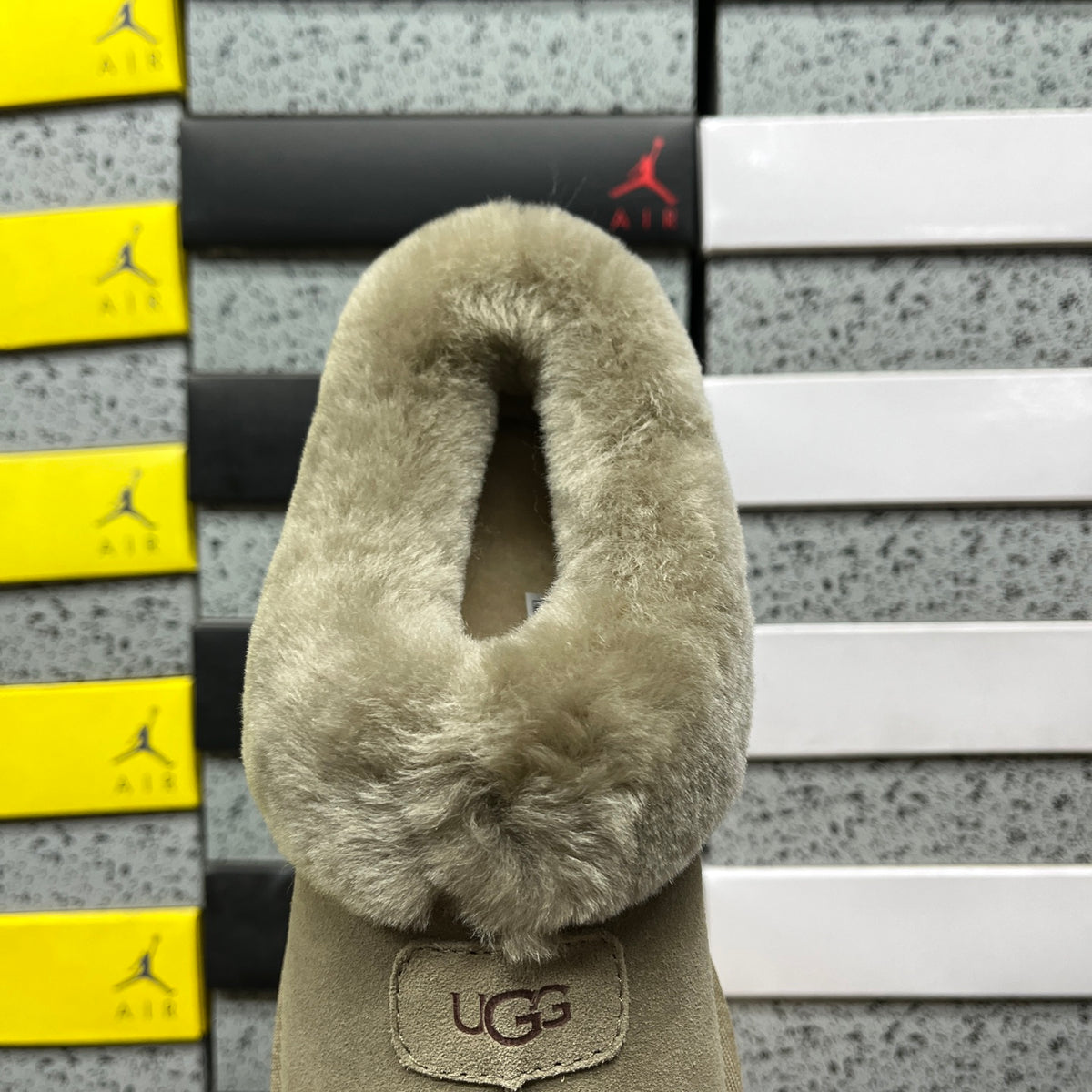 UGG Tazzette Slipper – Sage Suede with Tonal Fluffy Sheepskin Cuff