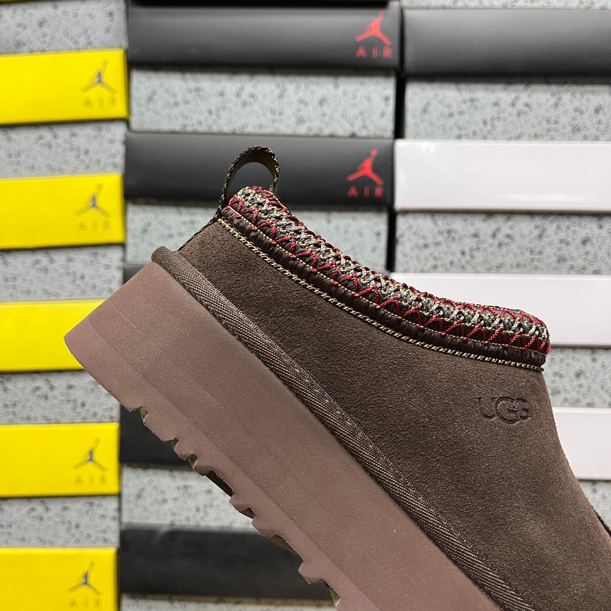 UGG Tazz Platform Slipper – Chocolate Suede with Multi-Color Woven Collar Trim