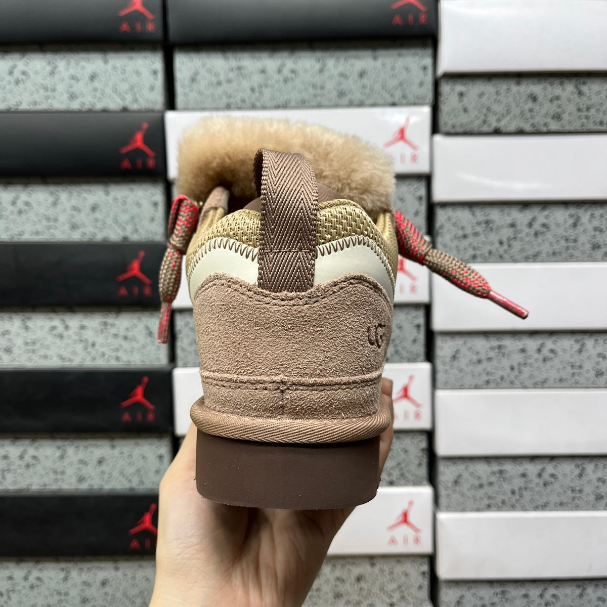 UGG Lowmel Sneaker – Camel Suede & Mesh with Red Braided Laces & Dark Chocolate SugarSole