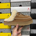 UGG Tazz Platform Slipper – Chestnut Suede Mule with Cream Shearling Cuff & Gold Moccasin Stitching