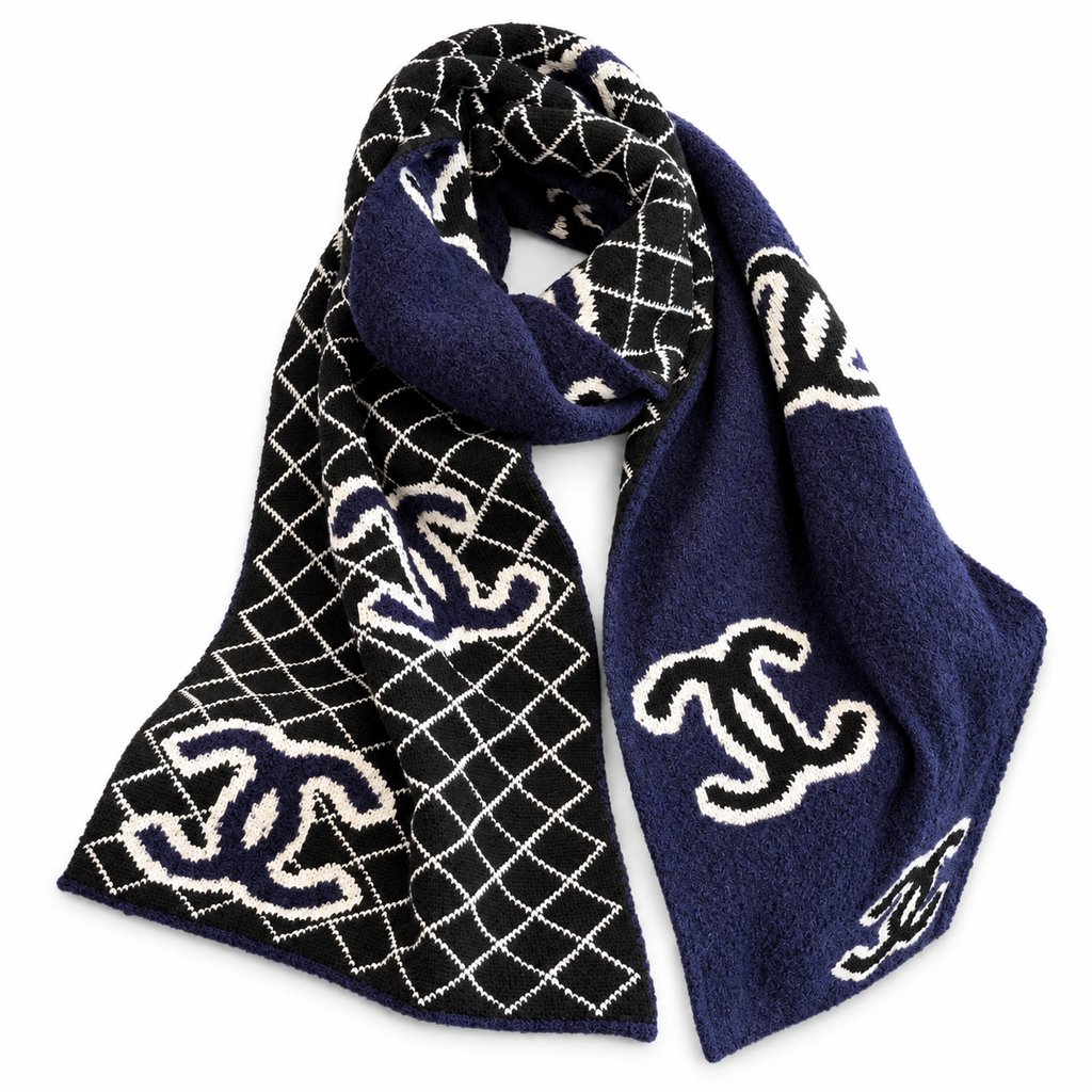 Chanel Style Reversible Plush Diamond Logo Scarf