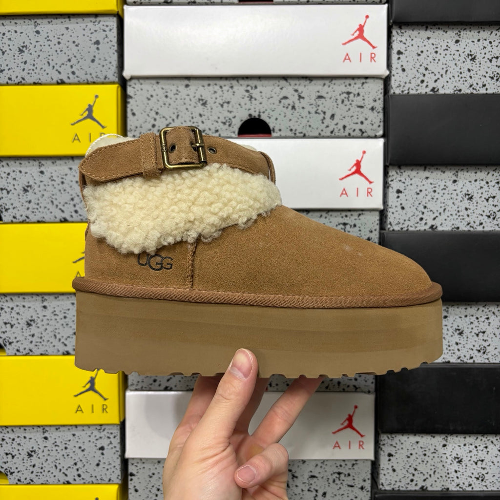 UGG Round-Toe Buckle Mid-Shaft Boot – Chestnut Suede with Sheepskin Lining