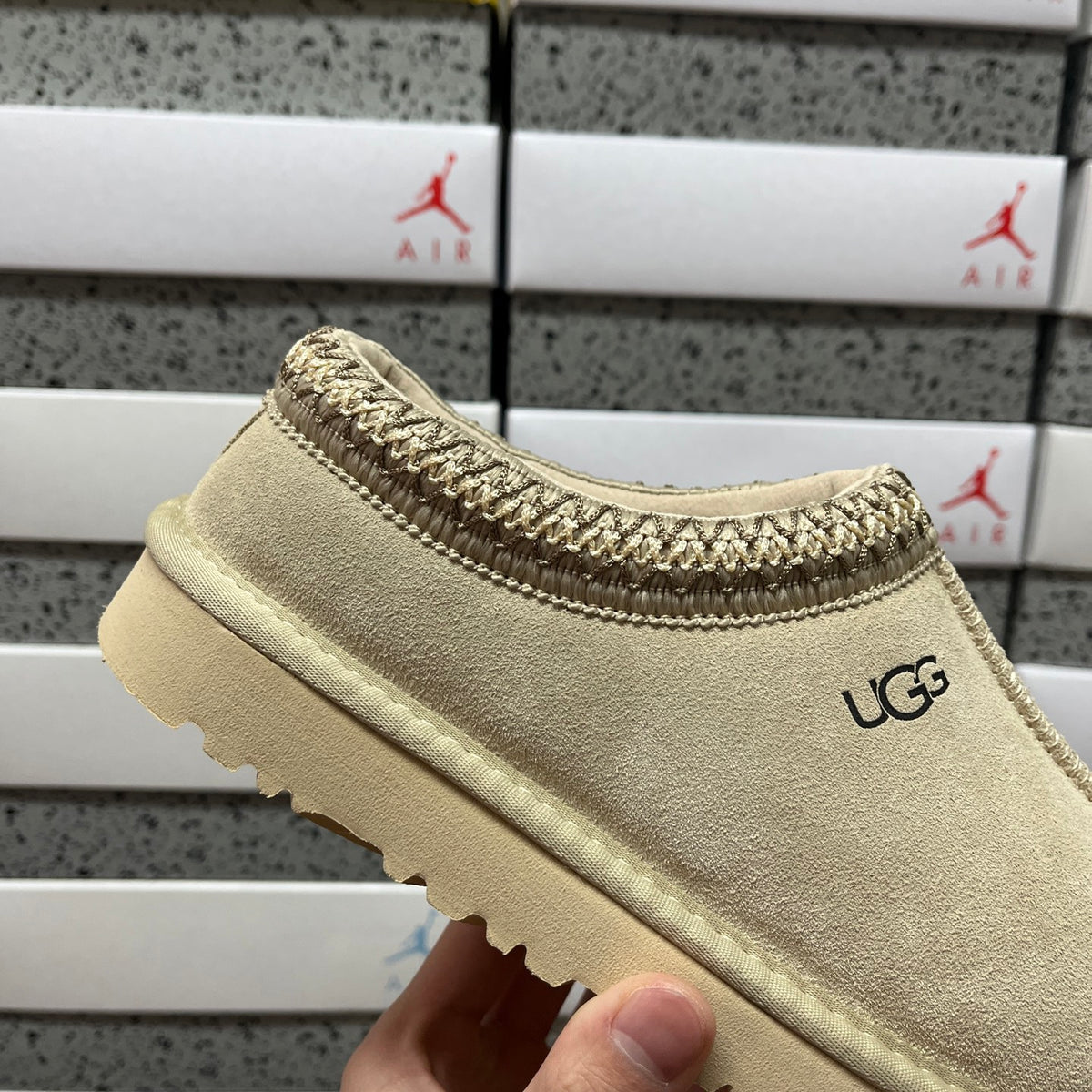 UGG Tazz Slipper – Sand Suede Open-Back Platform Mule with Gold Braid Trim & Cream Lug Sole