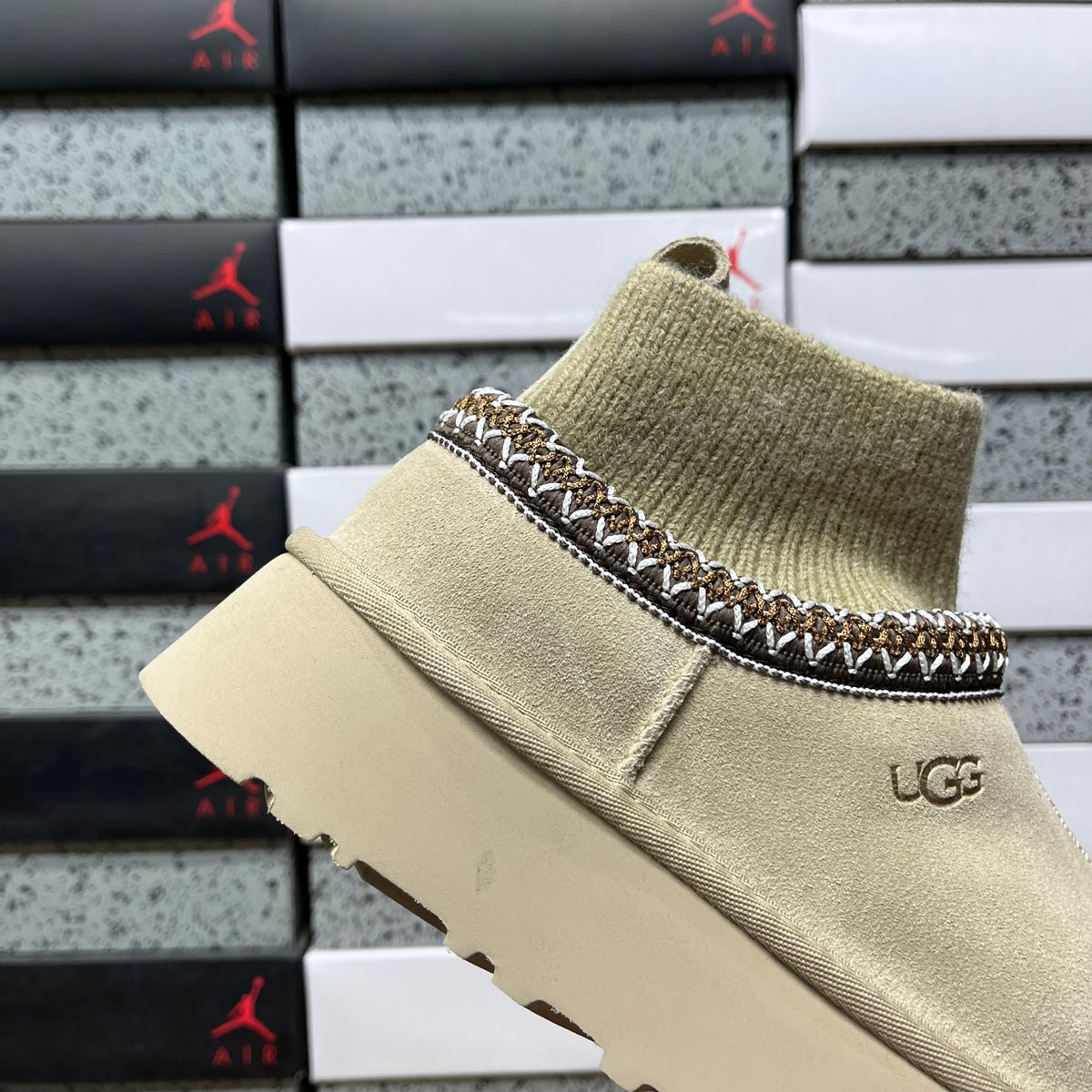 UGG Tazz II Slip-On Boot – Cream Knit Sock Upper with Woven Trim & Platform Sole