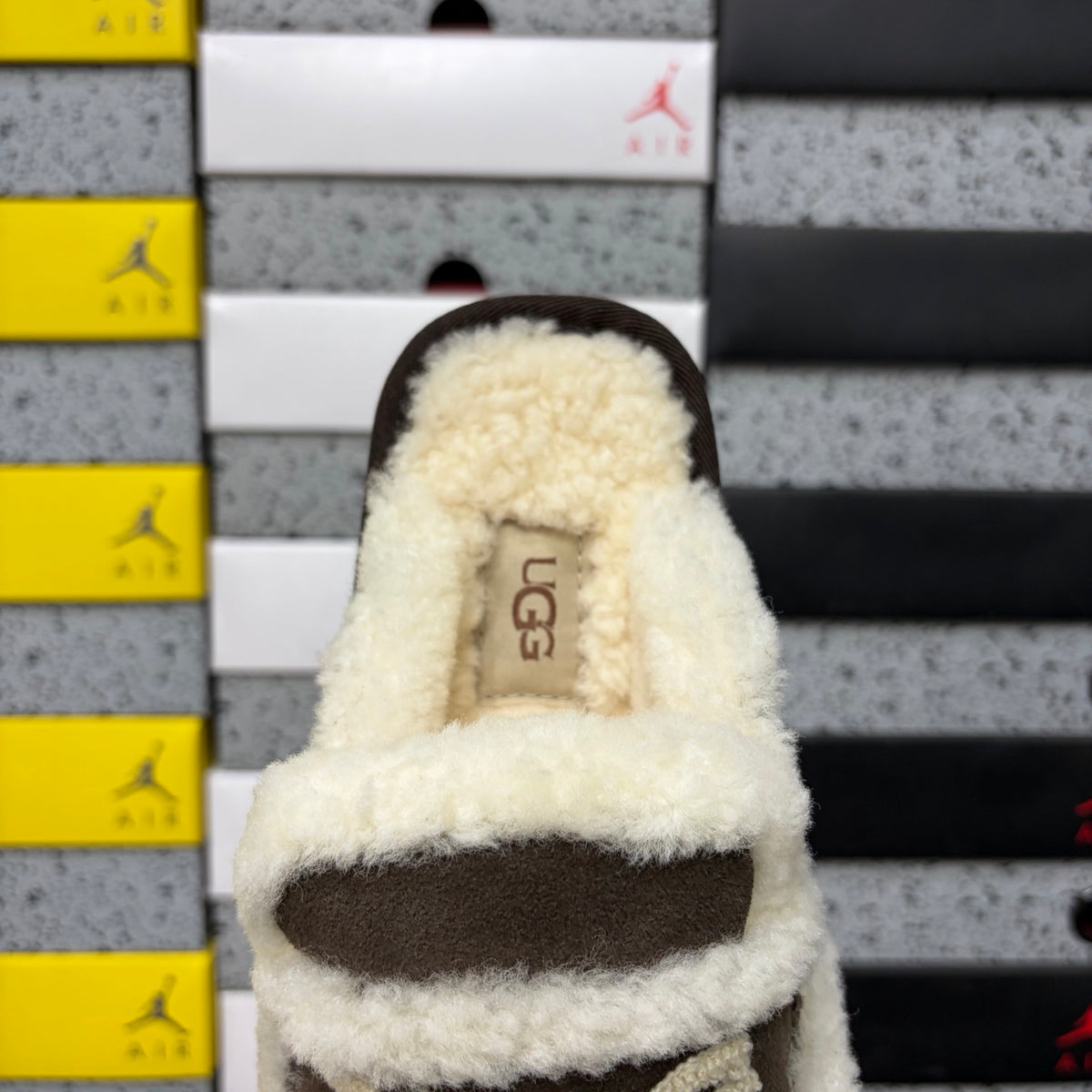 UGG Cozee Squish Slide – Espresso Suede Open-Toe Sandal with Cream Shearling Knot Strap & Dark Lug Sole