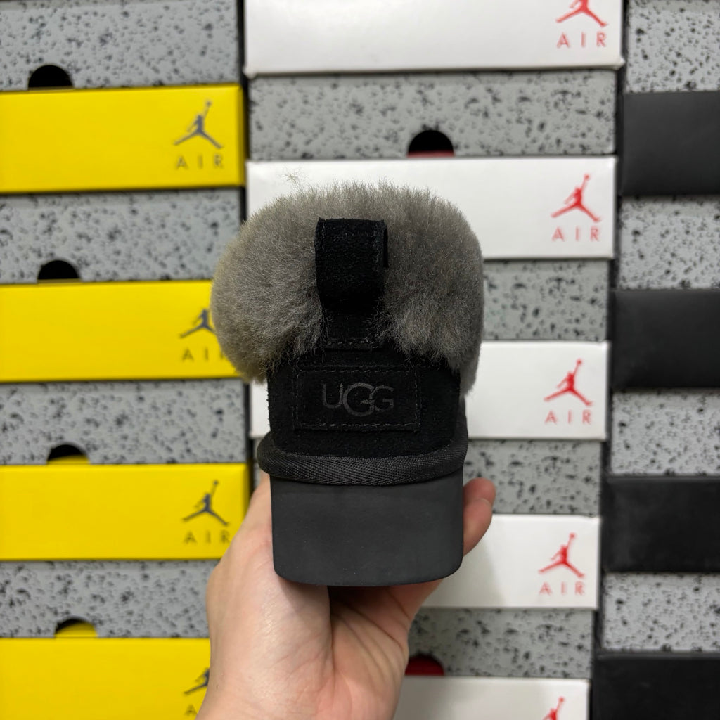UGG Kallen Lace – Black Suede Platform Bootie with Fluffy Grey Sheepskin Cuff, Back Lace Detail & Sawtooth Lug Sole