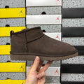 UGG Classic Ultra Mini Boot – Espresso Suede Ankle Boot with Sheepskin Lining & Tonal Dark Brown Sole
