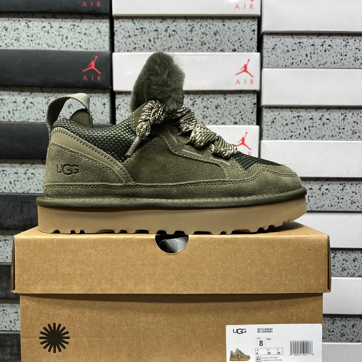 UGG Lowmel Sneaker – Moss Green Suede & Mesh with Pompom Laces & Gum SugarSole