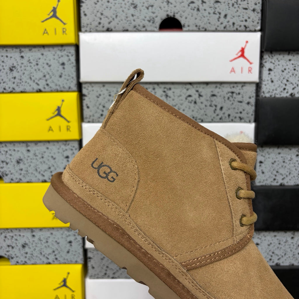 UGG Neumel Boot – Chestnut Suede Lace-Up Chukka with Gold Eyelets, Debossed UGG Logo & Warm Gum Lug Sole