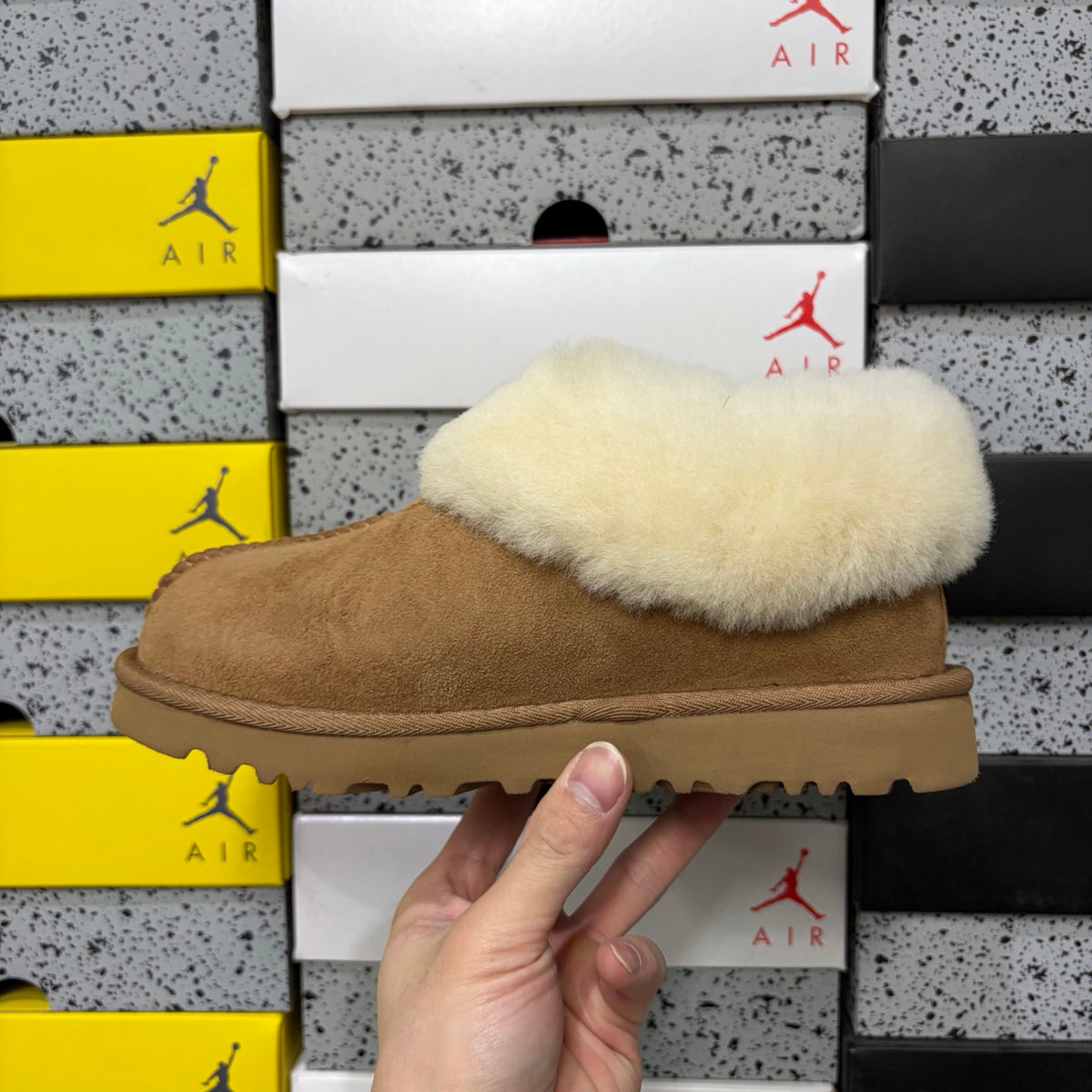 UGG Tazz Slipper – Chestnut Suede Platform Mule with Oversized Cream Sheepskin Fold-Over Cuff