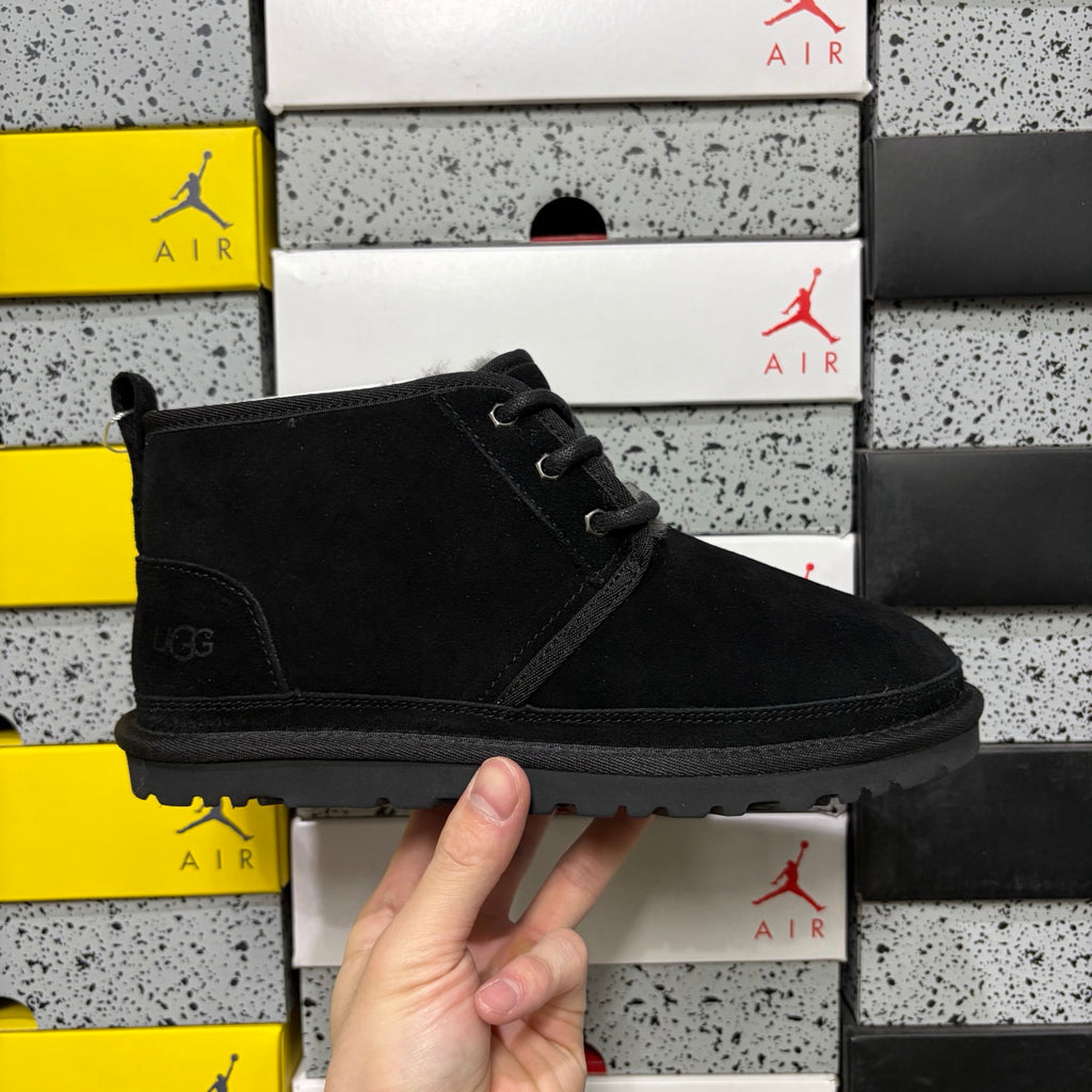 UGG Neumel Boot – All-Black Suede Lace-Up Chukka with Sheepskin Lining & Black Lug Outsole