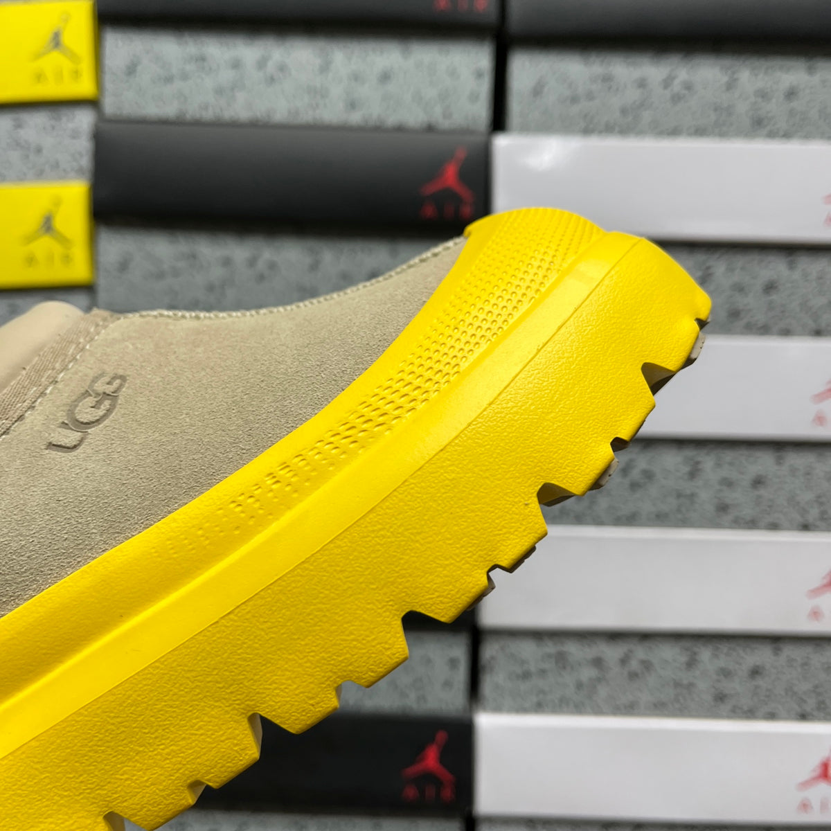 UGG Tasman Weather Hybrid – Sand Suede Slip-On with Yellow SugarSole & Sheepskin Lining