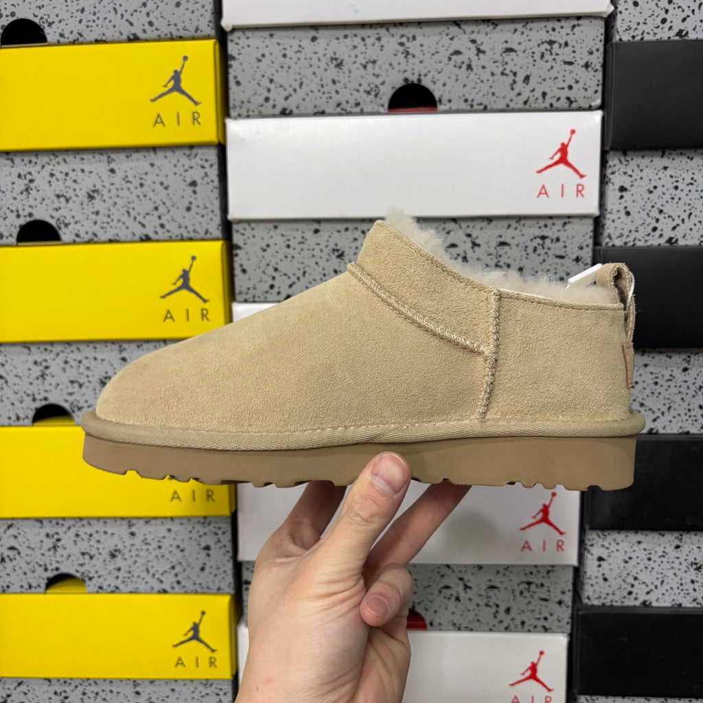 UGG Ultra Mini Boot – Sand Suede Low Ankle Boot with Cream Sheepskin Lining & Tonal Gum Sole