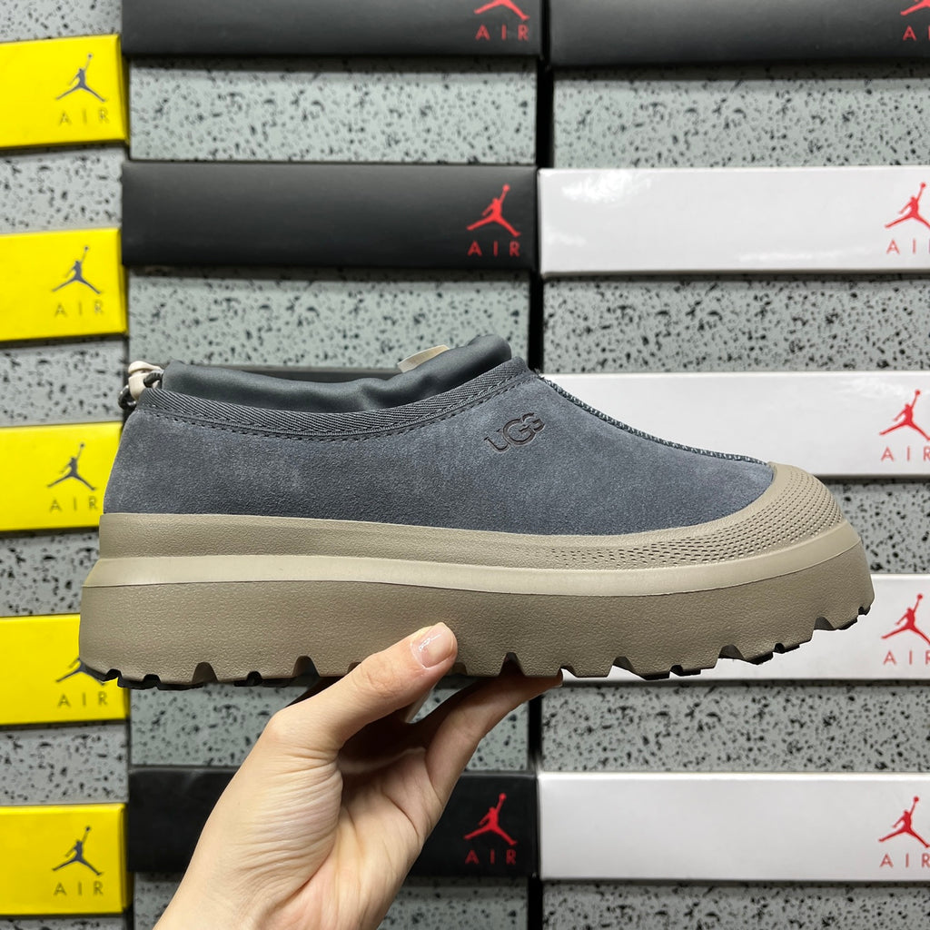 UGG Tasman Weather Hybrid – Slate Grey Suede Slip-On with Taupe SugarSole & Sheepskin Lining