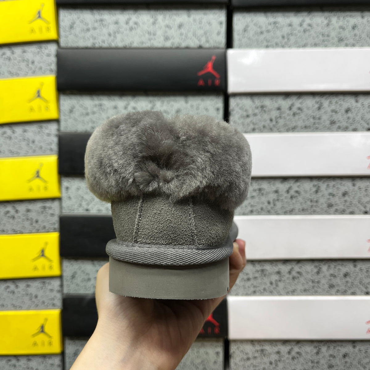 UGG Classic Mini Boot – Grey Suede with Oversized Fluffy Shearling Cuff