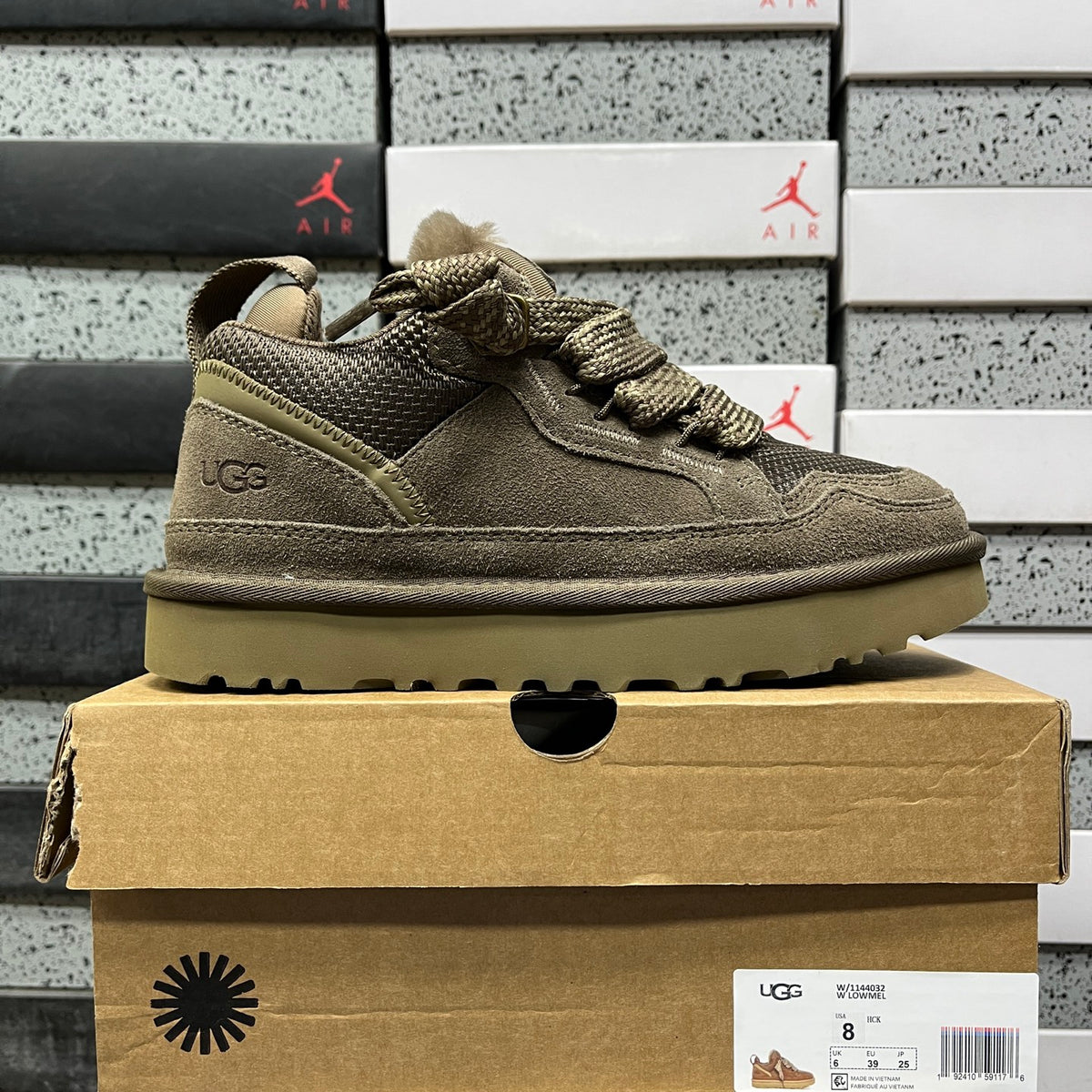UGG Lowmel Sneaker – Hickory Tonal Suede & Mesh with Sheepskin Collar & Gum SugarSole