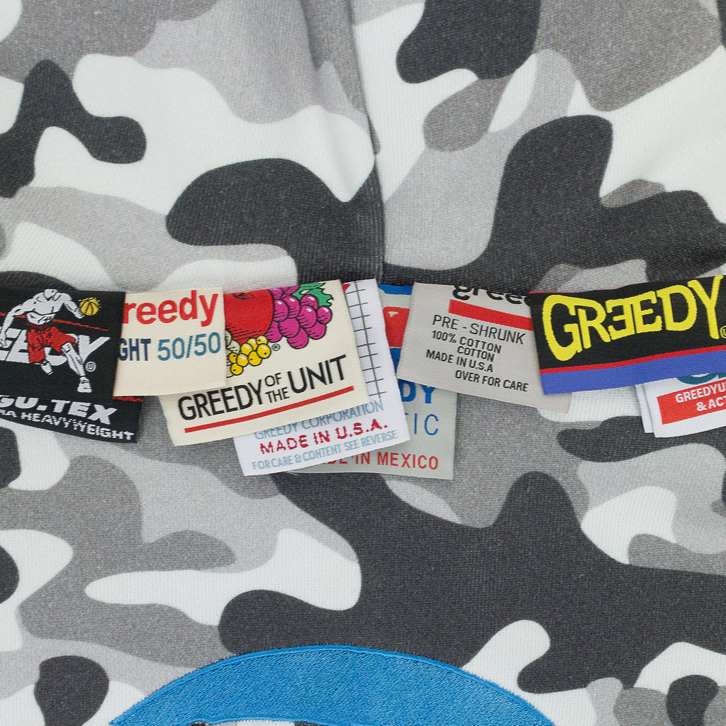 GREEDY UNIT x MURD333R.FM WHITE CAMO DOUBLE LAYERED HOODIE