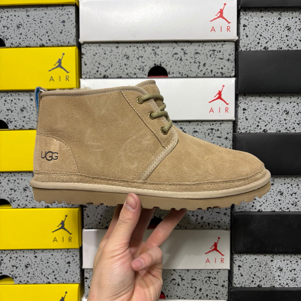 UGG Neumel Boot – Sand/Beige Suede Lace-Up Chukka with Blue Heel Pull Tab, Debossed UGG Logo & Gum Sole