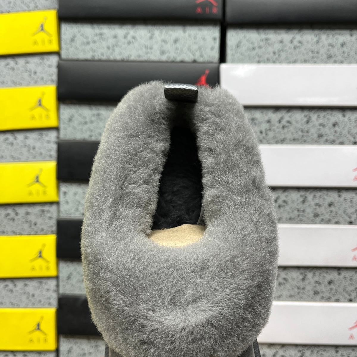 UGG Yazzelle – Grey Suede Platform Slipper with Plush Sheepskin Cuff & Chunky Lug Sole