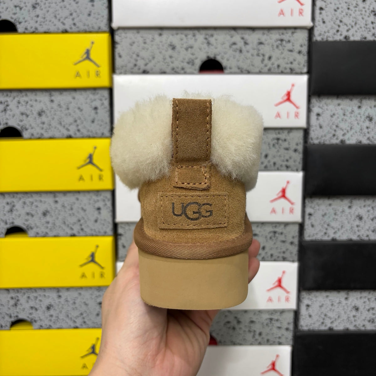 UGG Kallen Lace – Chestnut Suede Platform Bootie with Cream Sheepskin Cuff, Back Lace Detail & Warm Gum Sawtooth Sole