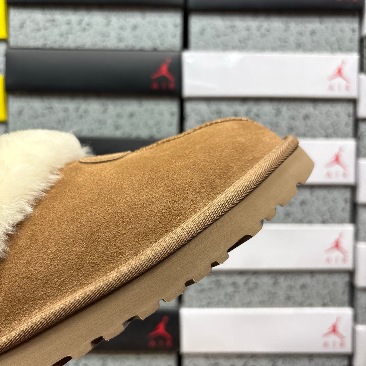 UGG Tazzette Slipper – Chestnut Suede with Fluffy Cream Sheepskin Cuff