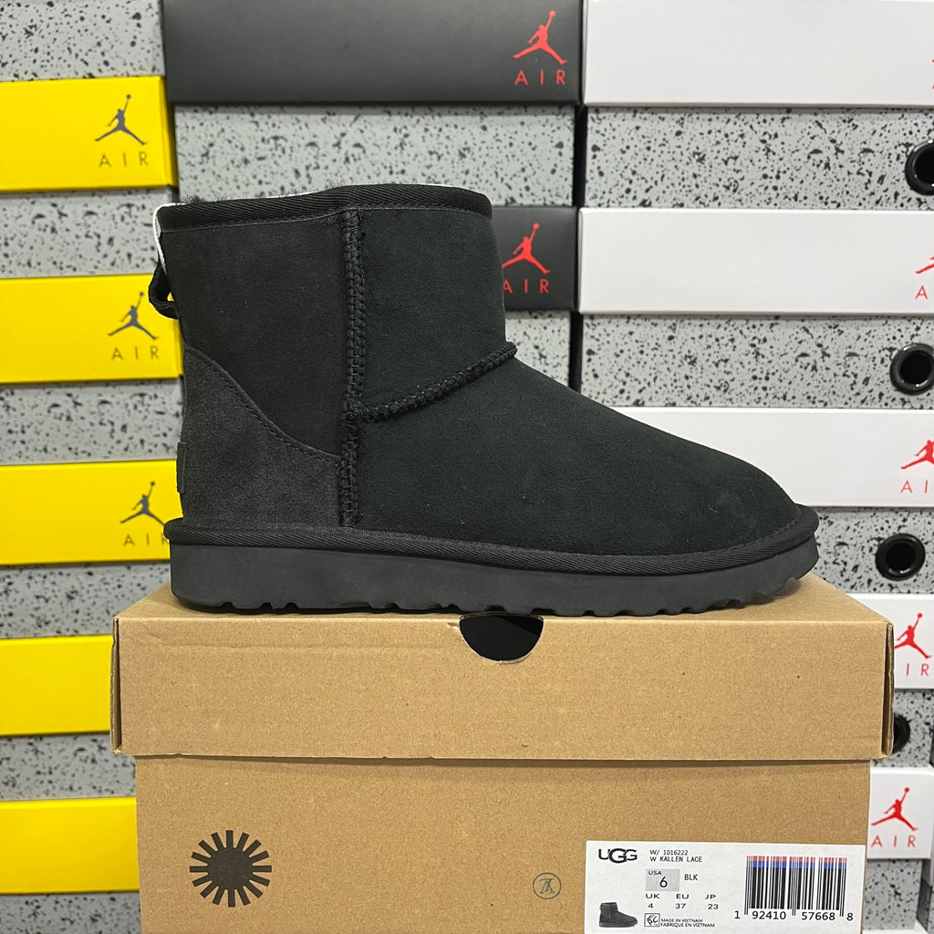 UGG Kallen Lace – Black Suede Platform Bootie with Cream Sheepskin Cuff