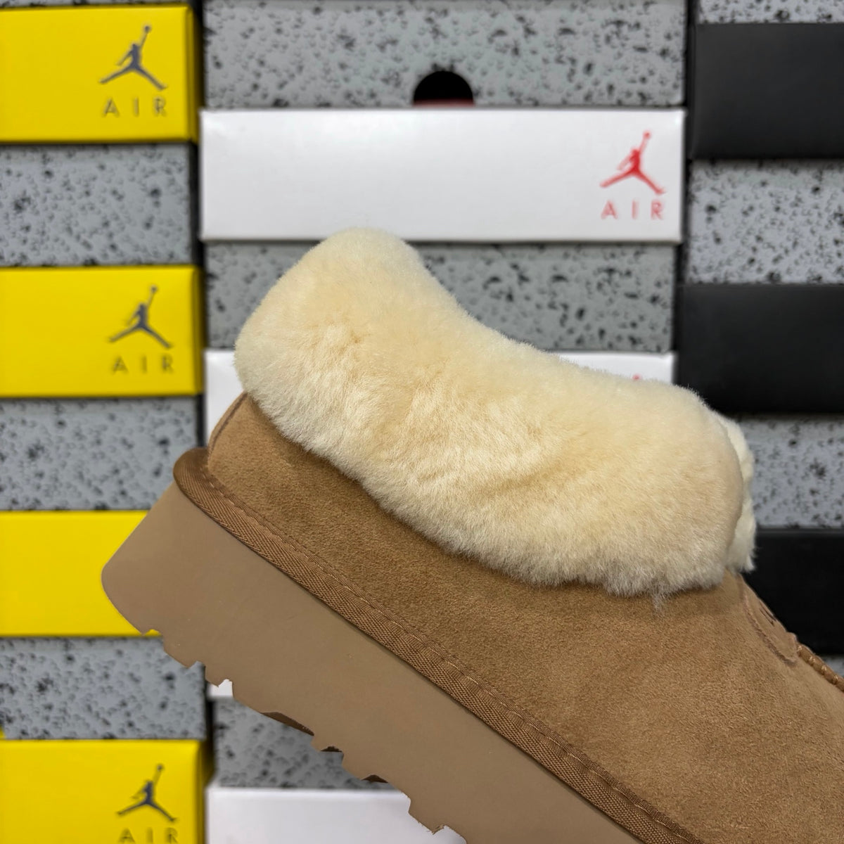 UGG Tazz Slipper – Chestnut Suede Tall Platform Mule with Voluminous Cream Sheepskin Roll Cuff