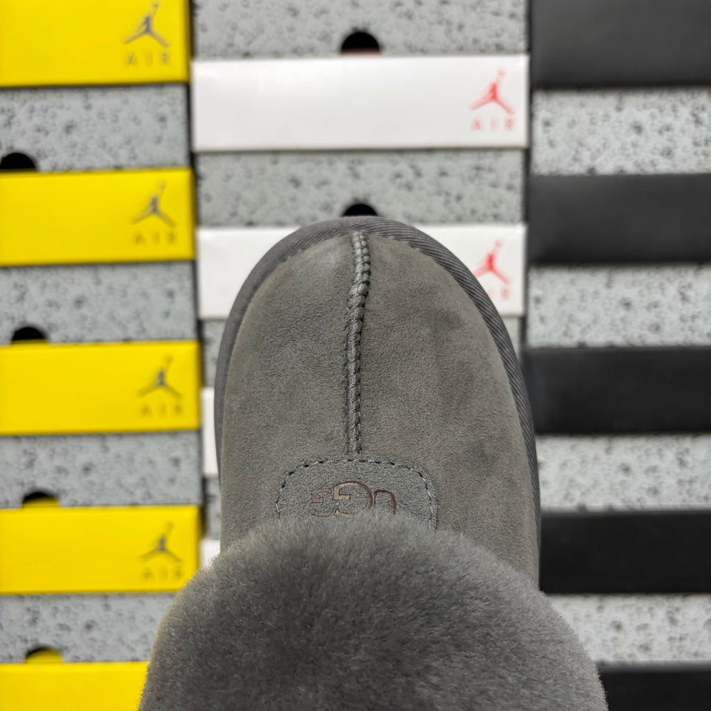 UGG Tazz Slipper – Charcoal Suede Platform Mule with Tonal Grey Sheepskin Cuff & All-Charcoal Lug Sole