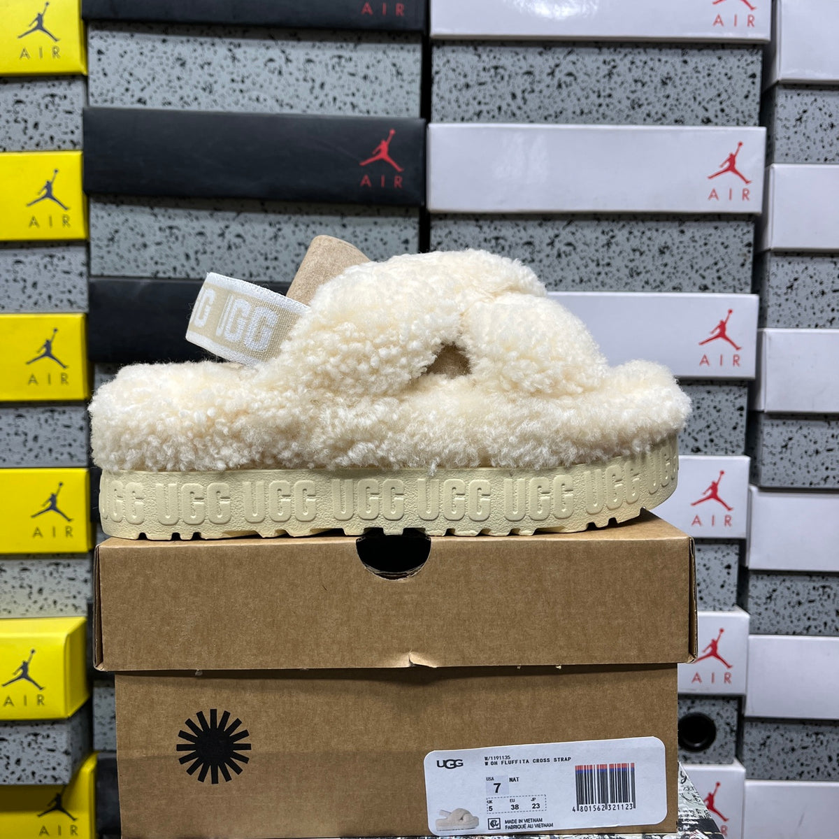 UGG Fluffita Cross Strap – Natural Cream Teddy Shearling Platform Sandal with Logo Ankle Strap