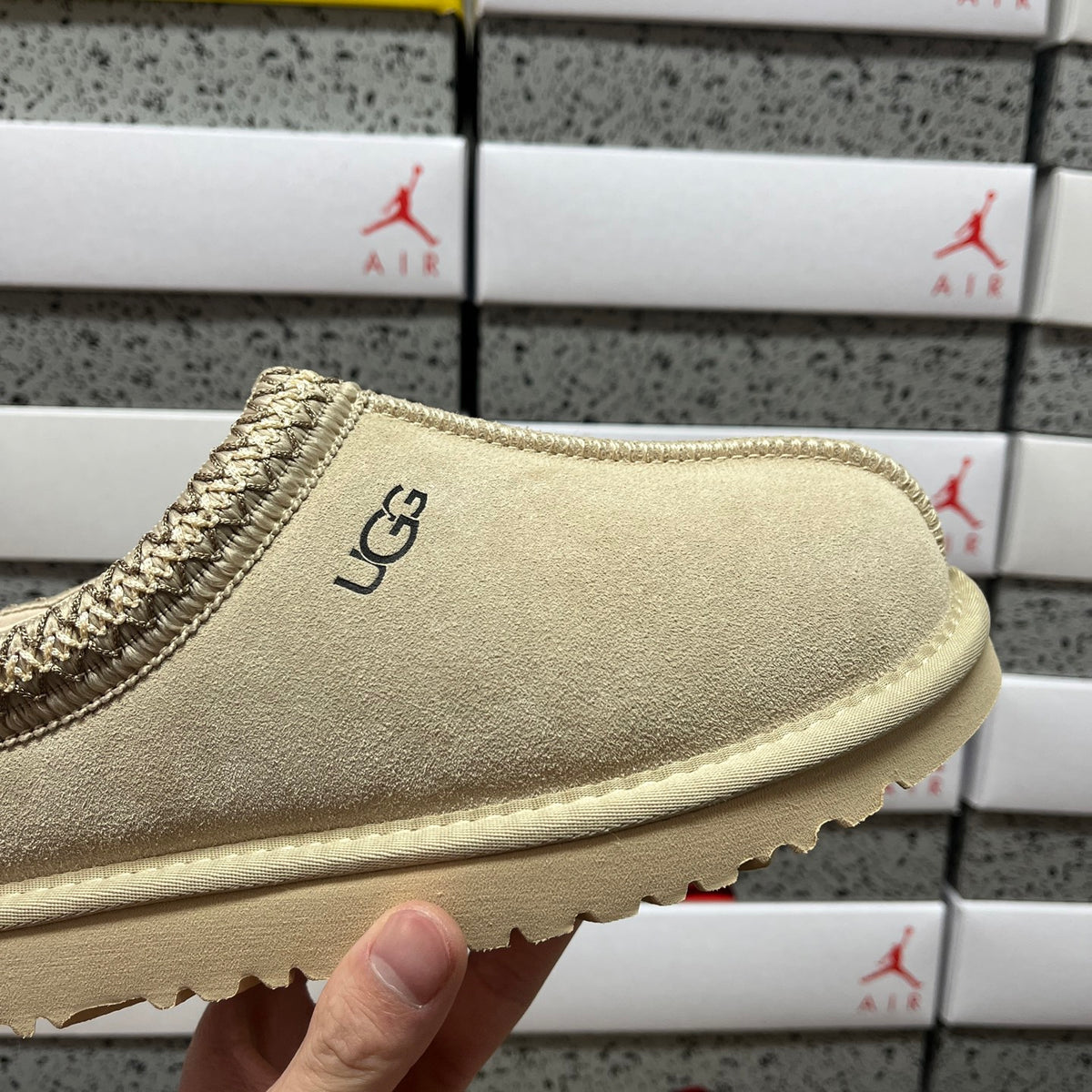 UGG Tazz Slipper – Sand Suede Open-Back Platform Mule with Gold Braid Trim & Cream Lug Sole